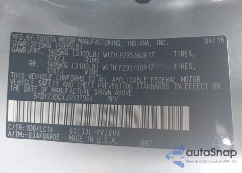 2018 Toyota Sienna Xle 8 Passenger z USA, uszkodzony, nr VIN 5TDYZ3DCXJS937984